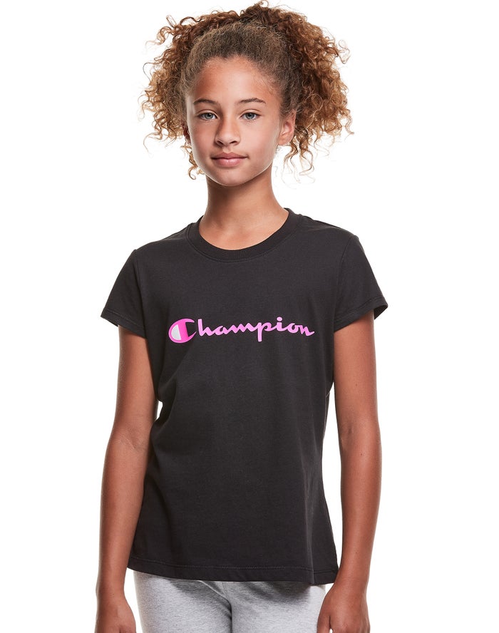 Champion Pige T-Shirts Sort - Classic Script Logo - Danmark SXA-709542